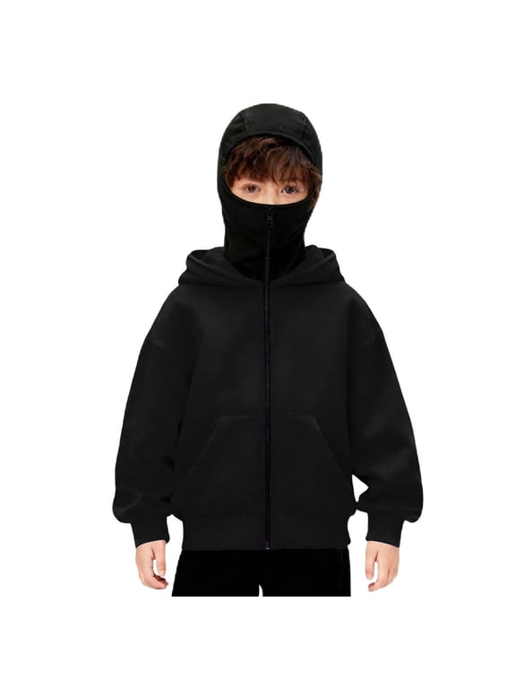 Boys Balaclava Hoodie Zipper Full Zip Front Built-In Mask Winter Running Cycling Outdoor Workouts Athletic Cold Gear, Black 6-7Y