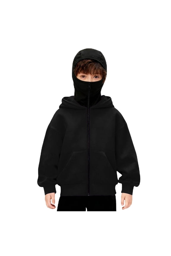 Boys Balaclava Hoodie with Face Mask Kids Full Zip Up Ski Mask Jacket Wind Resistant Cardigan Outwear Tops, Black 8-9Y
