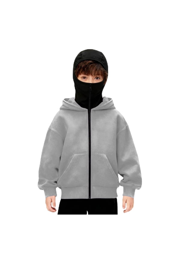 Boys Balaclava Hoodie with Face Mask Zippe, Double Hooded Zip Jacket, Built-In Face Mask, Full Zip Hooded Sweatshirt, Light Gray 14-15Y