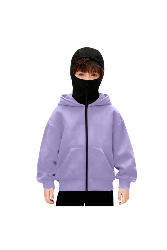 Boys Balaclava Hoodie with Face Mask Zippe, Double Hooded Zip Jacket, Built-In Face Mask, Full Zip Hooded Sweatshirt, Purple 10-11Y