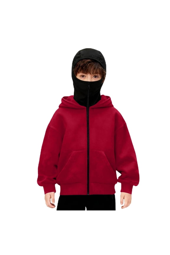 Boys Balaclava Hoodie with Face Mask Zippe, Double Hooded Zip Jacket, Built-In Face Mask, Full Zip Hooded Sweatshirt, Red 6-7Y