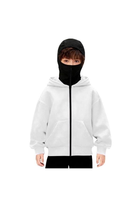 Boys Balaclava Hoodie with Face Mask Zippe, Double Hooded Zip Jacket, Built-In Face Mask, Full Zip Hooded Sweatshirt, White 8-9Y