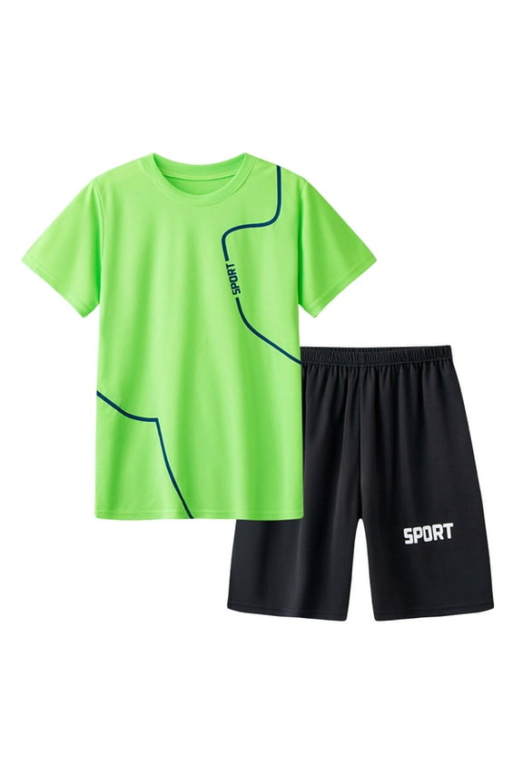 Child Boys Active Shorts 2 Pieces Set Boys Athletic Shorts and Performance T-Shirt Crew Neck Boy Clothes Set Activewear Set for Children, Fluorescent Green