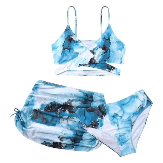 Bosanter Girls 3 Piece Bathing Suits Cute Ruched Bathing Suit High Waisted Bathing Suit Summer Bikini Tankini Sets with Cover Up Skirt, Blue 8-9Y