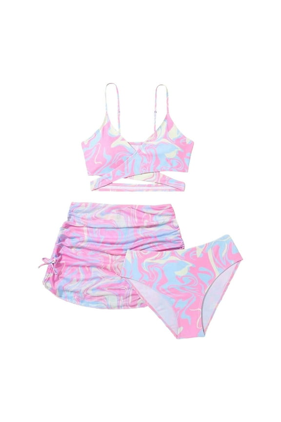 Girls 3 Piece Bathing Suits Floral Print Bikini Swimsuit High Waisted Bathing Suit Sheer Mesh Cover Up Skirt, Pink 14-15Y