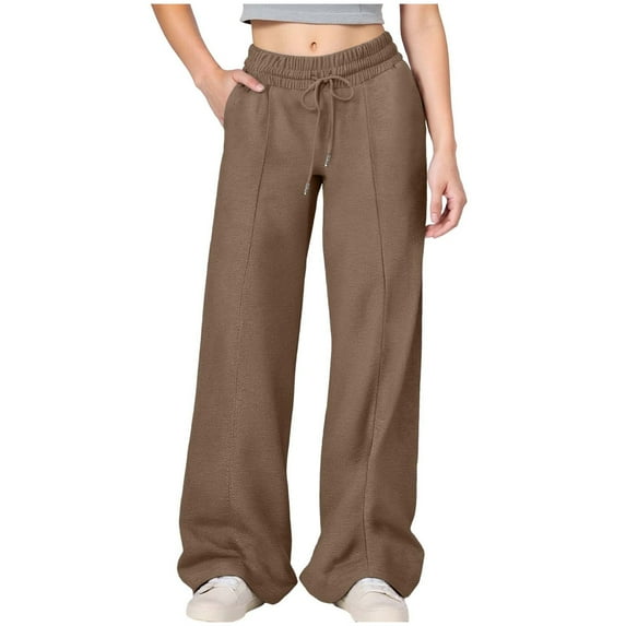 Bosanter Girls High Waisted Uniform Jogger Pants Girl's Elastic High Waist Wide Leg Pants Kids Wide Leg Long Trousers with Pockets, Brown 12-13Y