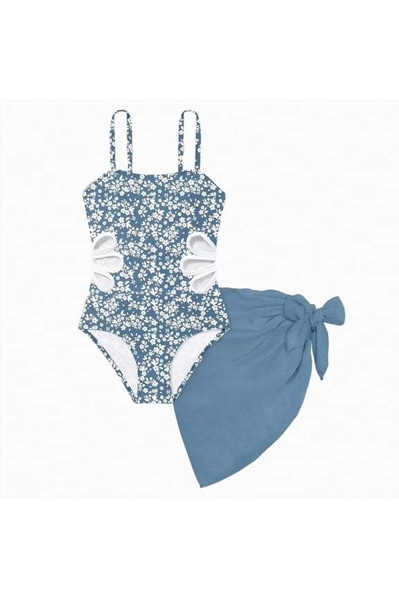Girls One Piece Swimsuit Floral Cut Out Swimwear with Cover Up Breathable Stylish Swimwear Beach Bathing Suit, Blue 7-8Y