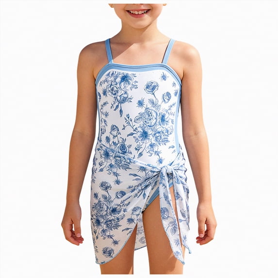 Bosanter Girls One Piece Swimsuit Floral Swimwear with Cover Up Breathable Stylish Hawaii Swimwear Beach Bathing Suit, Light Blue 10-11Y
