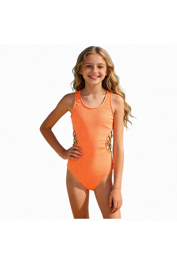 Girls One Piece Swimsuit Solid Color Cut Out Swimwear Breathable Stylish Beach Swimwear Bathing Suit for Beach, Orange 9-10Y