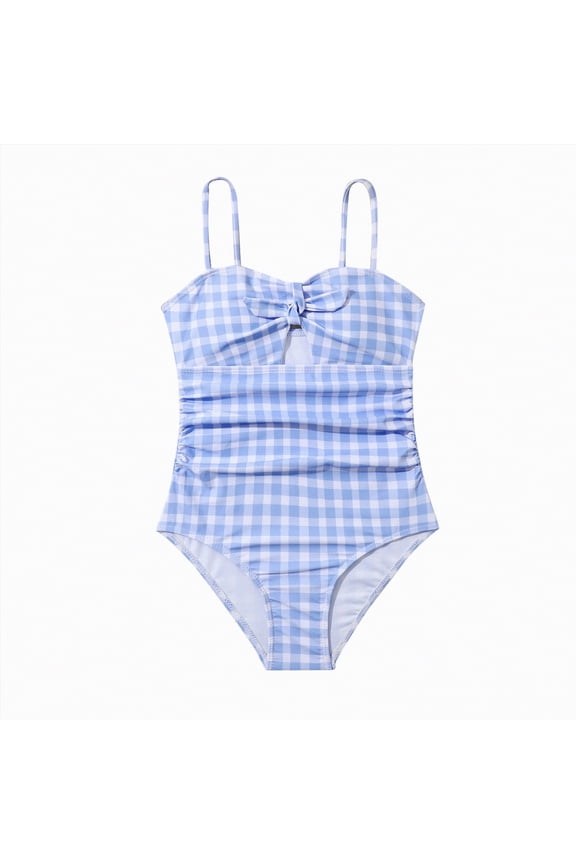 Girls One Piece Swimsuits Blue Plaid Swimwear Breathable Stylish Beach Swimwear Bathing Suit for Beach, Light Blue 8Y