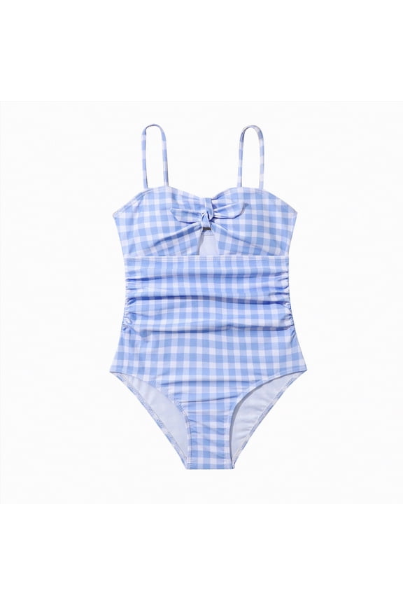 Girls One Piece Swimsuits Blue Plaid Swimwear Breathable Stylish Hawaii Swimwear Bathing Suit, Light Blue 8Y