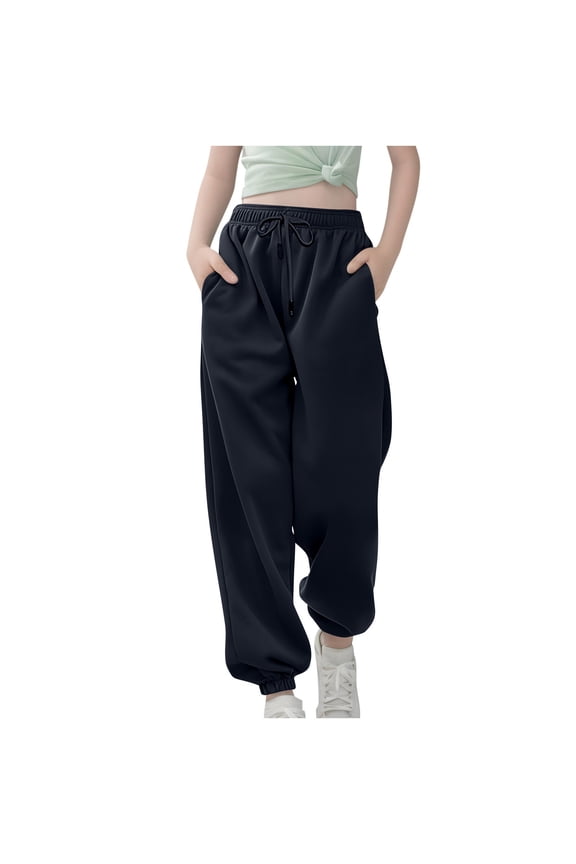 Girls' Straight Leg Jogger Sweatpants Elastic Waist Drawstring Jogger Pants Casual Athletic Joggers Sweat Pants with Pockets, Navy 13-14Y