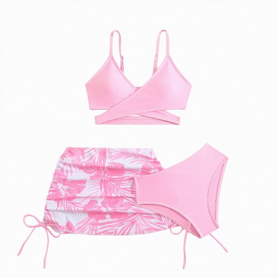 Bosanter Girls Swimsuit Girls 3 Piece Swimsuits Stylish Print Bow Swimsuit Set Summer Bikini Tankini Sets, Pink 4-5T