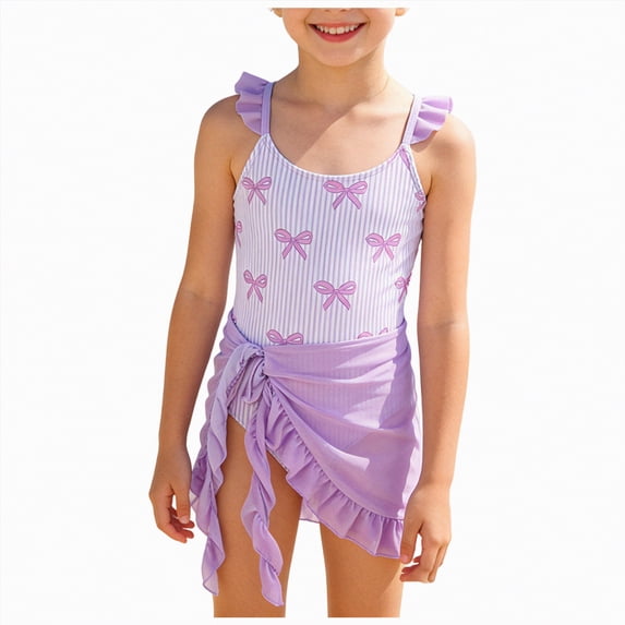 Bosanter Girls Swimsuit One-Piece Bathing Suit Bow Ruffle Swimwear with Cover Up Comfortable Stylish Swimwear Beach Bathing Suit, Light Purple 12-13Y