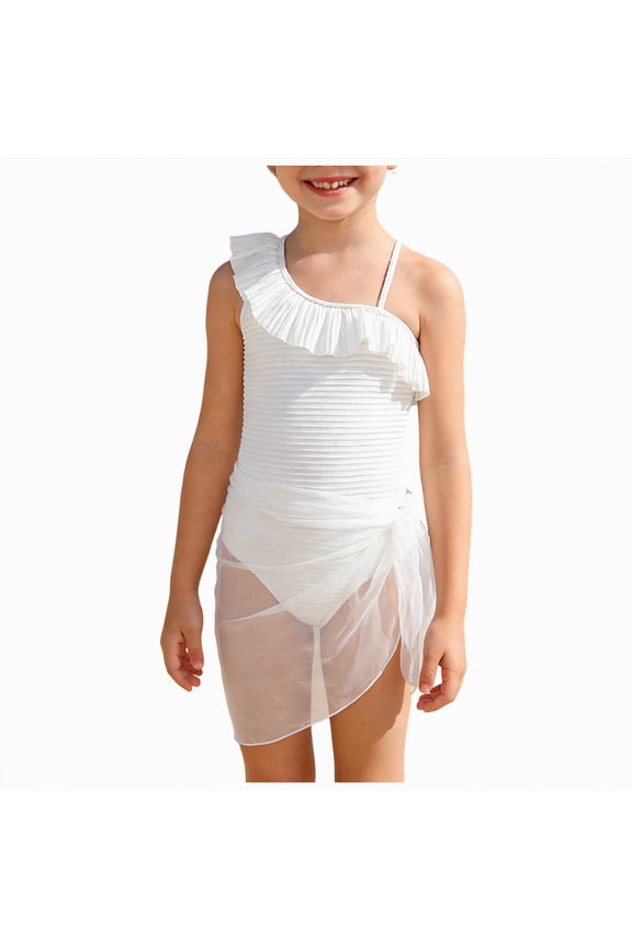 Girls Swimsuit One-Piece Bathing Suit Ruffle Bathing Suit with Cover Up Breathable Stylish Beach Swimwear Bathing Suit for Beach, White 12-13Y
