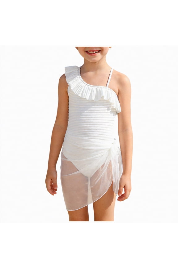 Girls Swimsuit One-Piece Bathing Suit Ruffle Bathing Suit with Cover Up Comfortable Breathable Beach Swimwear Bathing Suit for Beach, White 14-15Y