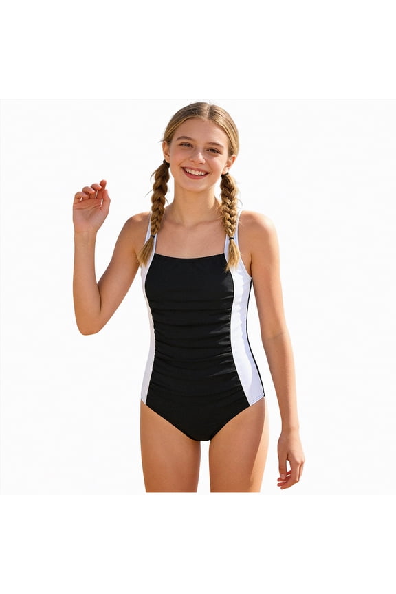 Girls Swimsuit One Piece Swimsuits Colorful Contrast Swimwear Comfortable Stylish Beach Swimwear Bathing Suit, Black 7-8Y