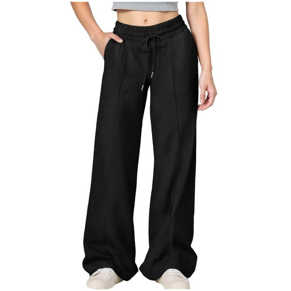 Bosanter Girls Wide Straight Leg Loose Jogger Sweatpants High Waisted Drawstring Baggy Pants Kids Wide Leg Long Trousers with Pockets, Black 12-13Y