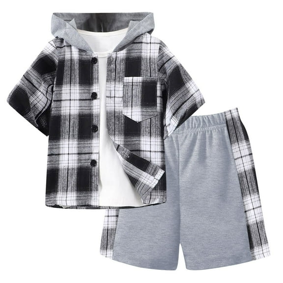 Bosanter Little Boys Casual Outfit Sets Short Sleeve Patchwork Plaid Prints 3T 4T TShirt Tops Pants Clothes Set for Kids, Black 2-3T