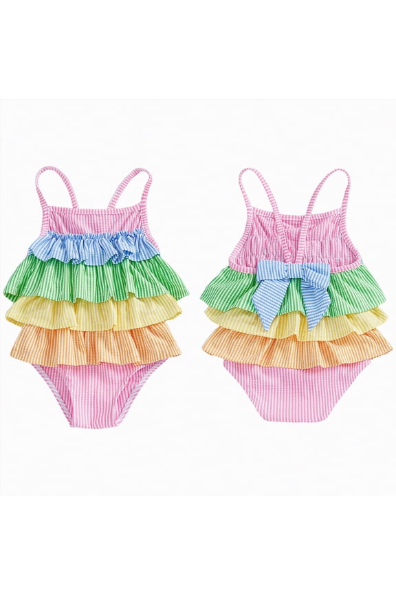 Little Girls One Piece Swimsuit Colorful Rainbow Swimwear Comfortable Breathable Swimwear Beach Bathing Suit, Hot Pink 18-24M