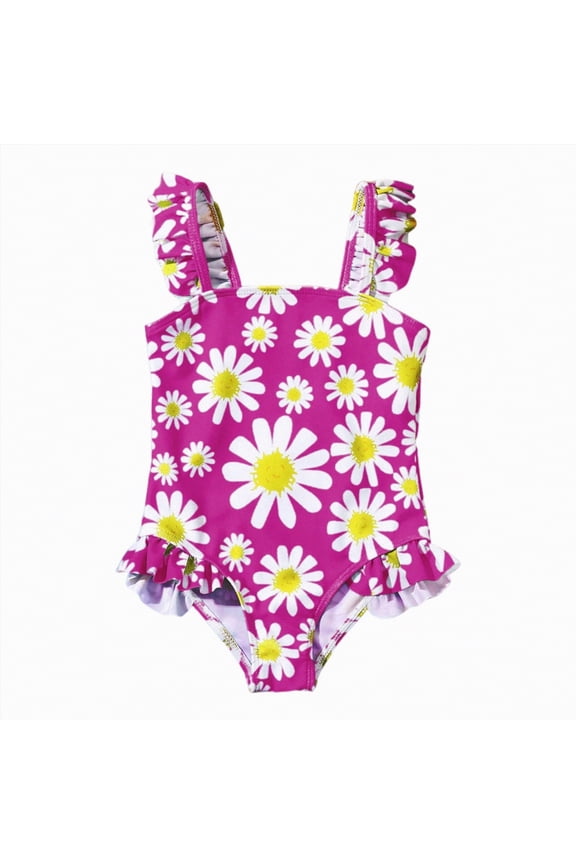 Little Girls One Piece Swimsuit Daisy Ruffle Swimwear Comfortable Breathable Beach Swimwear Beach Bathing Suit, Hot Pink 3-4T