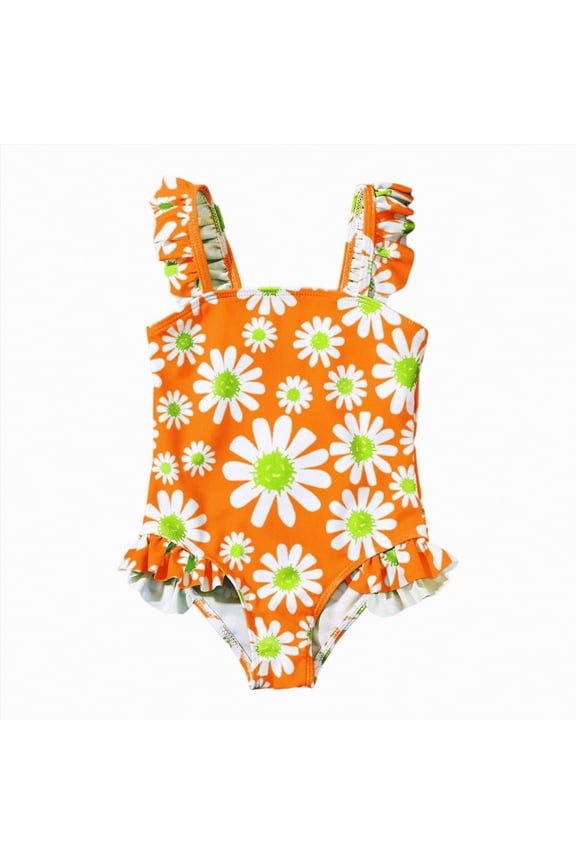 Little Girls Swimsuit One Piece Swimsuits Daisy Ruffle Swimwear Breathable Stylish Beach Swimwear Bathing Suit for Beach, Orange 3-4T