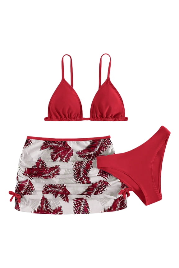 Summer Bikini Tankini Sets Floral Print Bikini Swimsuit with Drawstring Beach Skirt, Red 6-8Y
