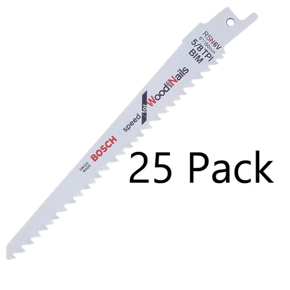 Bosch 25 Pack 6 Inch 5/8 V TPI Reciprocating Saw Blades - RSN6V-25PK