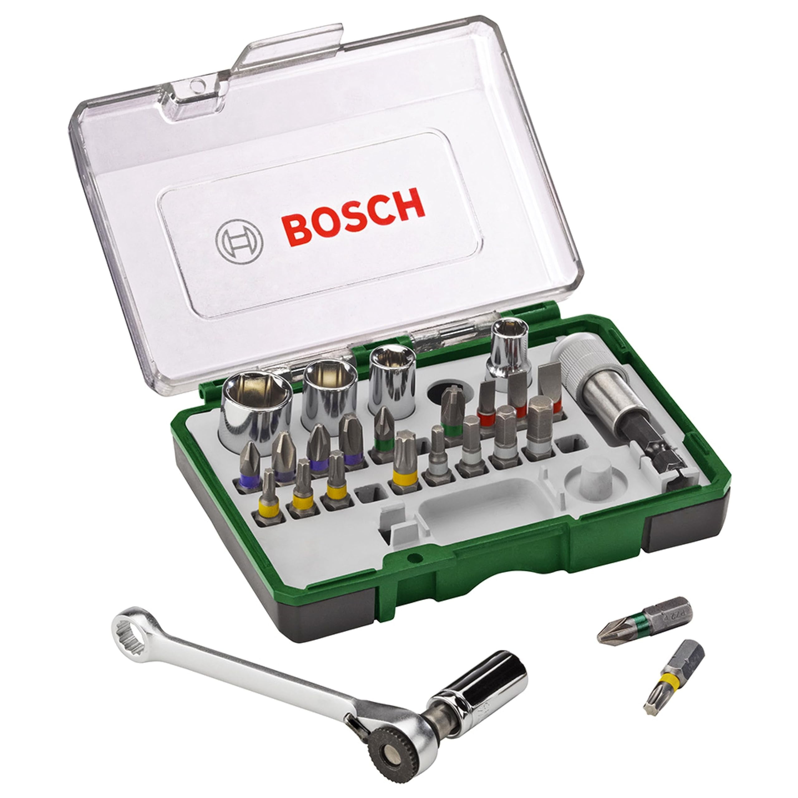 Bosch 27pc.Screwdriver Bit and Ratchet Set (PH-, PZ-, Hex-, T-, S-Bit, Accessories Drill and Sc