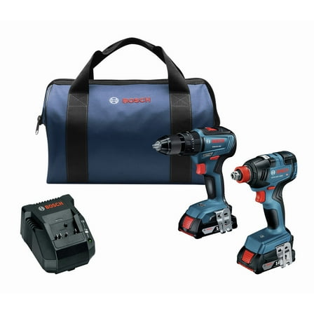 Restored Bosch GXL18V-240B22-RT 18V Brushless Lithium-Ion 1/2 in. Hammer Drill Driver and 1/4 in. and 1/2 in. 2-in-1 Bit/Socket Impact Driver Combo Kit with 2 Batteries (2 Ah) (Refurbished)