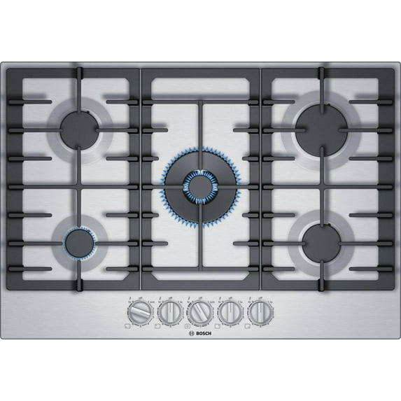 Bosch NGM8057UC 30" 800 Series Gas Cooktop with 5 Sealed Burners FlameSelect Dual Flame Burner Heavy Duty Grates OptiSim Burner ADA Compliant in Stainless Steel