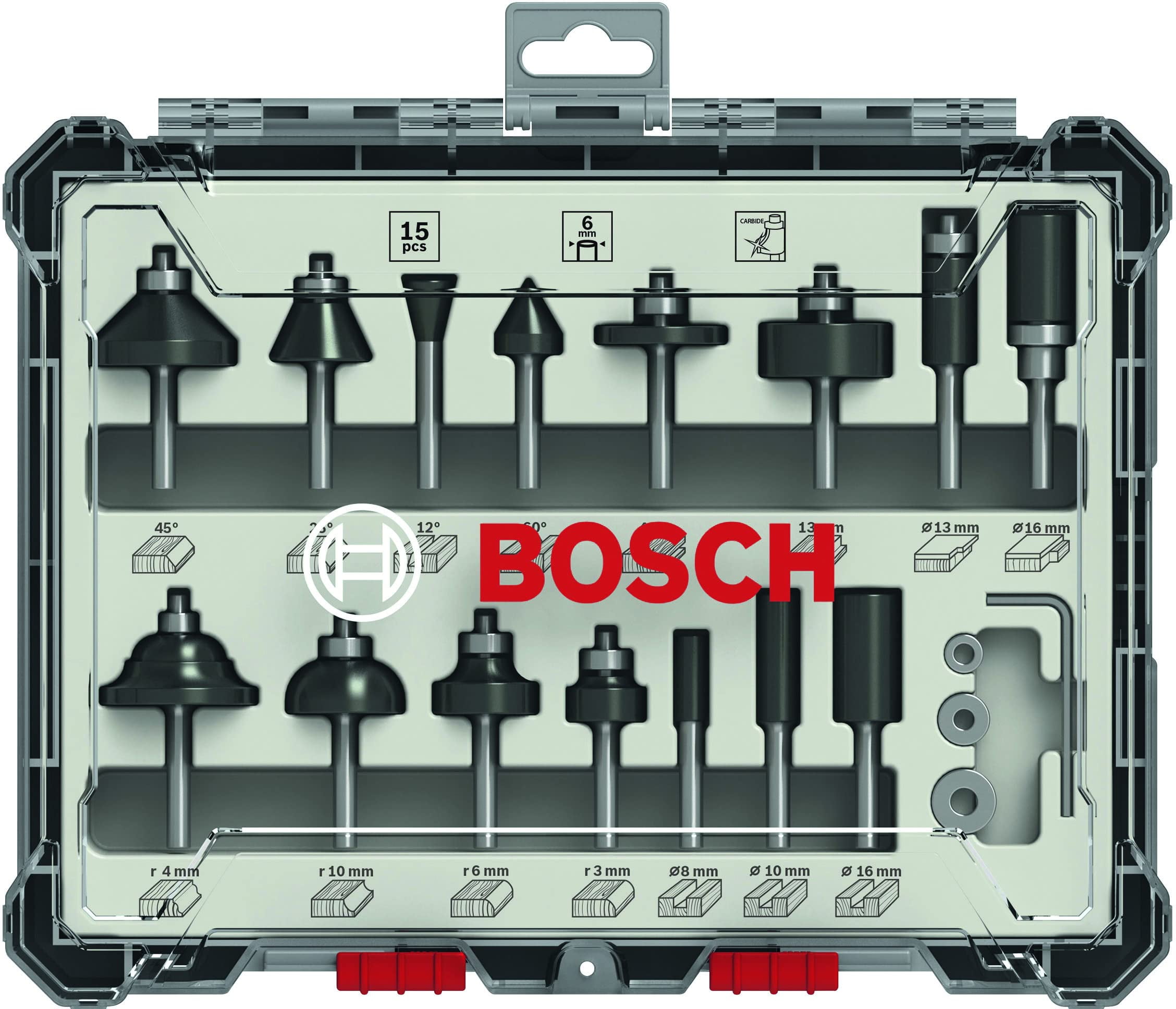 Bosch Professional 15 pcs. Mixed Router Bit Set (for Wood, Ø 6 mm Shank, Accessory Router) 15 p