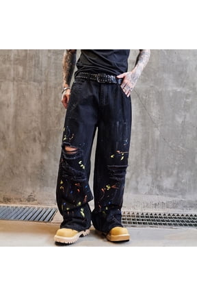 100% Denim Paint-Splatter Cargo Pants for Men - Loose Fit, Distressed Wash, Elastic Waistband Mens Pants Perfect for Streetwear, Daily Wear, Music Festivals