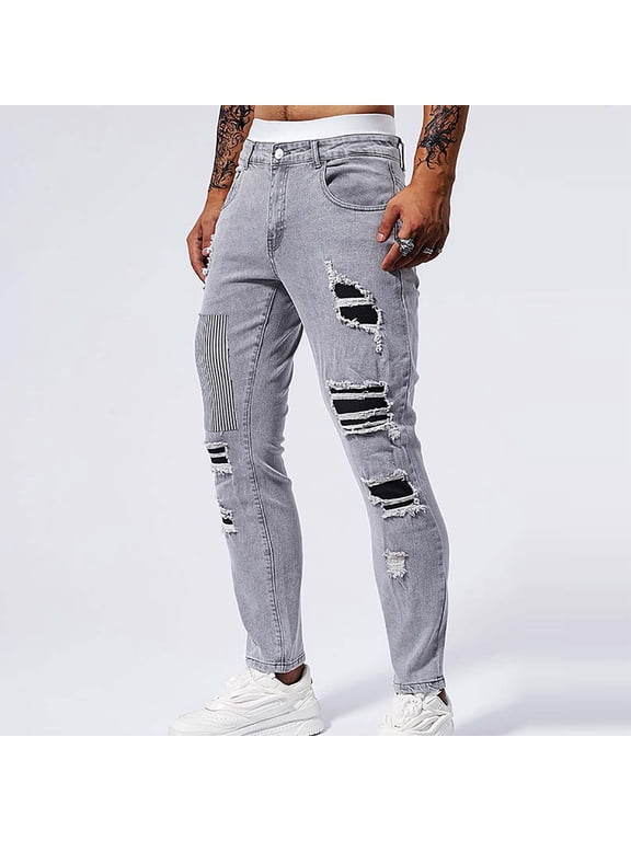 Denim Jeans for Men - Fashionable Ripped Design with Striped Patches,Mens Jeans Skinny Fit, High Street Style, Perfect for Casual Outfits