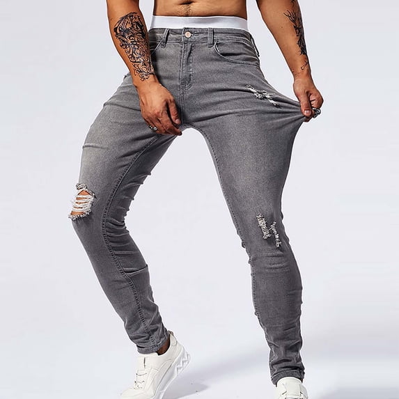 BosfBaoi Men's Skinny Fit Denim Jeans with Knee Ripped & Side Brand Embroidery - Stretchy Material, Comfortable Fit, Streetwear Style, Casual Wear, Trendy Design, Perfect for Daily Outfits
