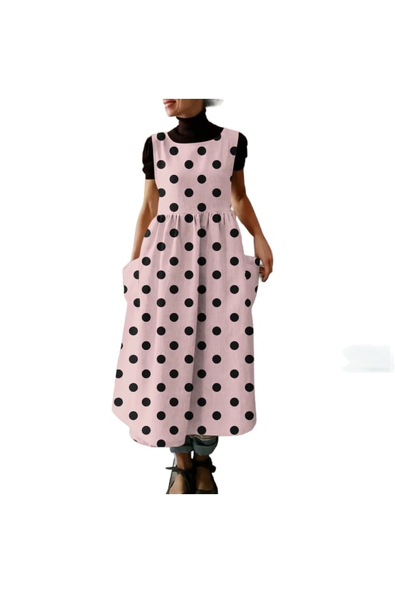 Bosfbai Casual Dresses for Women - Womens Polka Dot Sleeveless Maxi Dress, Loose Pinafore Dress for Office & Brunch