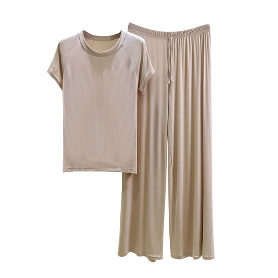 Bosfbaoi 2 Piece Sets For Women Modal Pajama Set Crew Neck Short Sleeve Top Wide Leg Trousers Loungewear Set