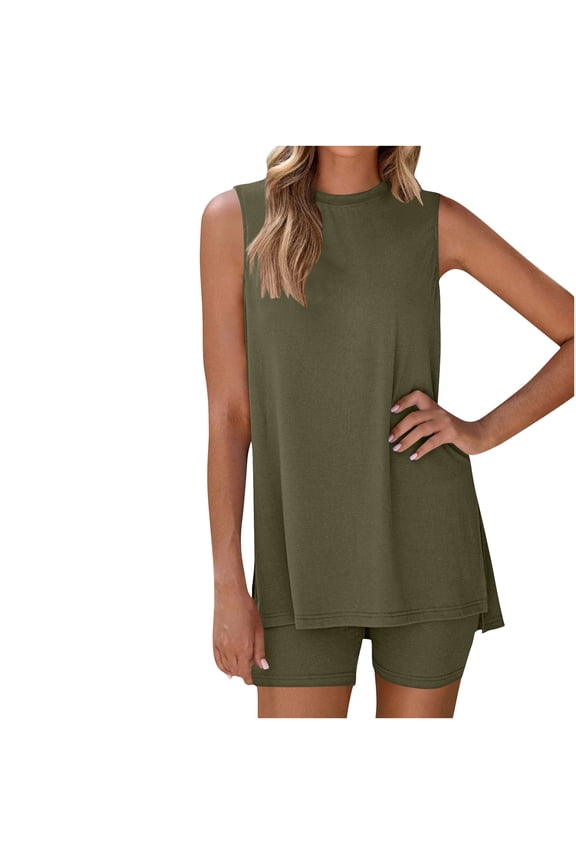 2 Piece Sets For Women Modal Sleeveless Short Set Round Neck Side Split Top Slim Fit Shorts Loungewear Sets
