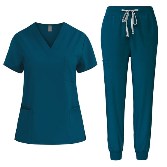 Bosfbaoi 2 Piece Sets For Women Nursing Uniform Sets Multi-pocket Scrub Set V-Neck Short Sleeve Top Drawstring Waist Jogger Pants Medical Uniform