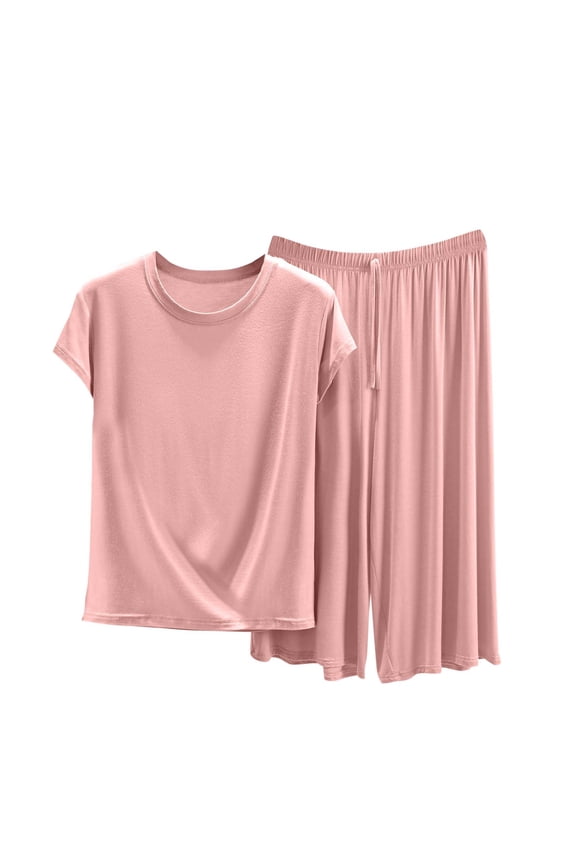 2 Piece Sets For Women Plus Size Modal Pajama Set Crew Neck Short Sleeve Top Wide Leg Capri Pants Loungewear Set