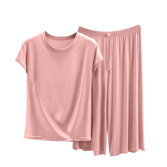 Bosfbaoi 2 Piece Sets For Women Plus Size Modal Pajama Set Crew Neck Short Sleeve Top Wide Leg Capri Pants Loungewear Set