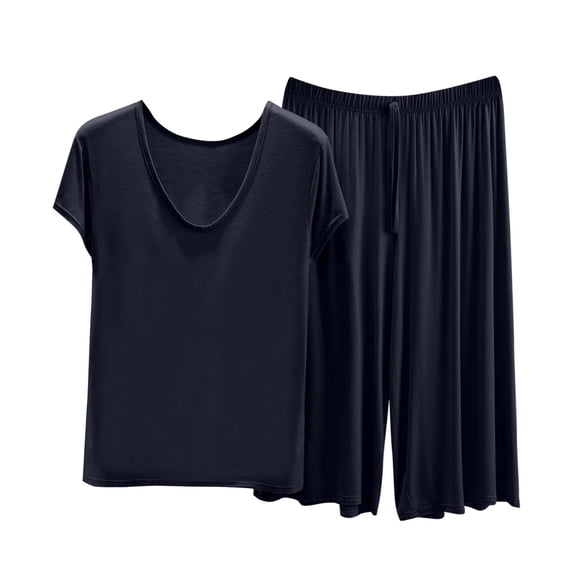 Bosfbaoi 2 Piece Sets For Women Plus Size Modal Pajama Set V-Neck Short Sleeve Top Wide Leg Capri Pants Loungewear Set