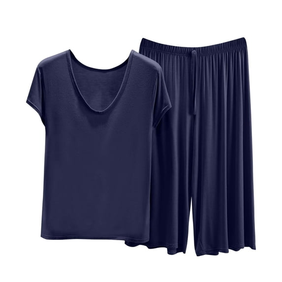 Bosfbaoi 2 Piece Sets For Women Plus Size Modal Pajama Set V-Neck Short Sleeve Top Wide Leg Capri Pants Loungewear Set