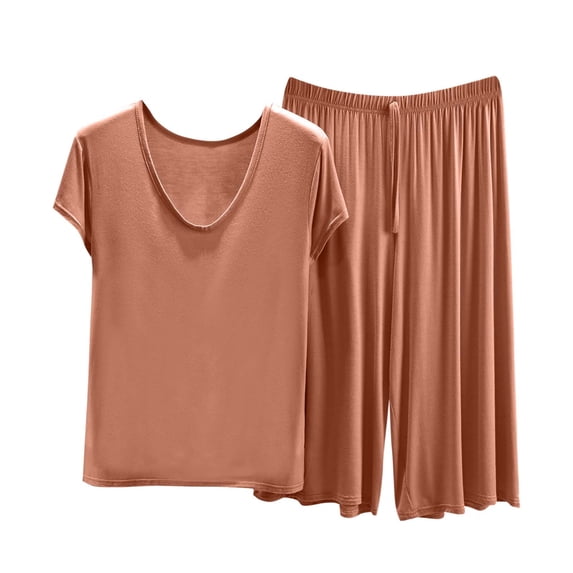 Bosfbaoi 2 Piece Sets For Women Plus Size Modal Pajama Set V-Neck Short Sleeve Top Wide Leg Capri Pants Loungewear Set