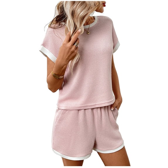Bosfbaoi 2 Piece Sets For Women Ribbed Short Set Contrast Trim Short Sleeve Top Elastic Waist Shorts Loungewear Sets Casual Wear