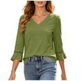 thumbnail image 1 of Bosfbaoi 3/4 Bell Sleeve Tops for Women Solid V Neck Hollow Trim Casual Blouses, 1 of 7
