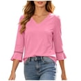 thumbnail image 1 of Bosfbaoi 3/4 Bell Sleeve Tops for Women Solid V Neck Hollow Trim Casual Blouses, 1 of 7