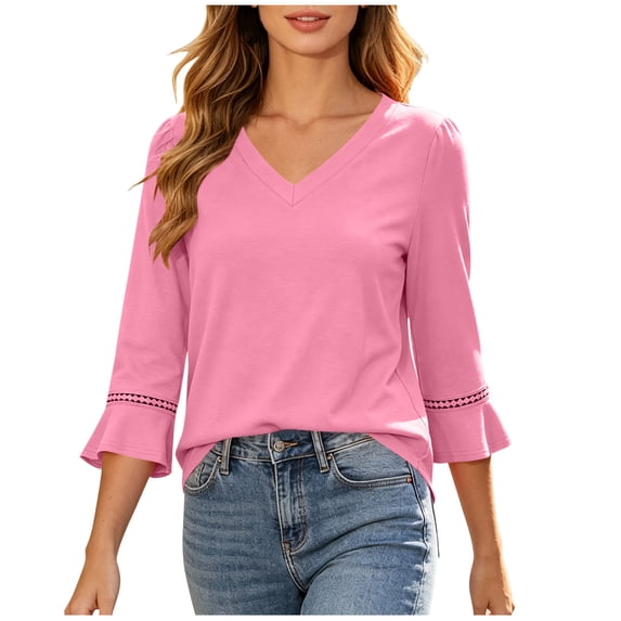 Bosfbaoi 3/4 Bell Sleeve Tops for Women Solid V Neck Hollow Trim Casual Blouses
