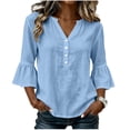 thumbnail image 1 of Bosfbaoi 3/4 Length Sleeve Womens Tops Notched V Neck Button Front Flounce Bell Sleeve Casual Blouses, 1 of 7