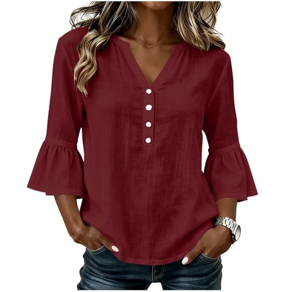 Bosfbaoi 3/4 Length Sleeve Womens Tops Notched V Neck Button Front Flounce Bell Sleeve Casual Blouses